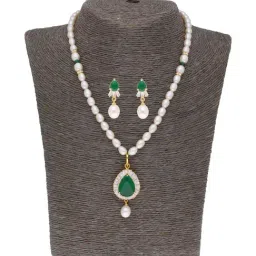 Sri Jagdamba Pearls Green & White Pearl Gold Plated Necklace Set-image-57