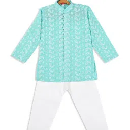 VASTRAMAY SISHU Aqua Blue & White Cotton Embroidered Kurta Set-picture-28