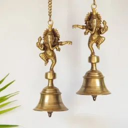 ExclusiveLane Dancing Ganpati Hand-Etched Gold Brass Decorative Hanging Bell - Set of 2-47