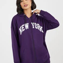 Styli Purple Cotton Printed Hoodie-image-72