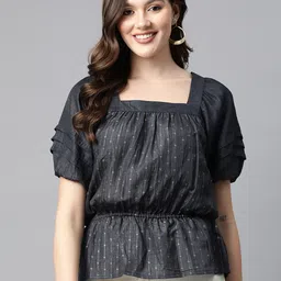 Cottinfab Print Puff Sleeves Peplum Top-image-41