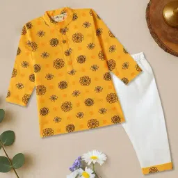 Desi Soota Kids Golden Yellow Cotton Printed Kurta Pants Set-picture-12