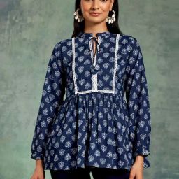 Libas Blue Cotton Floral Print A Line Kurti-picture-45