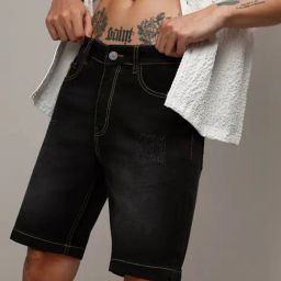 Campus Sutra Black Regular Fit Distressed Denim Shorts-image-34