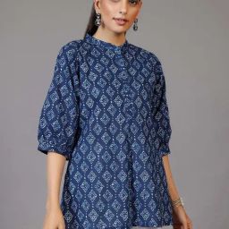 Libas Blue Cotton Printed Straight Kurti-image-48
