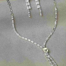 OOMPH Silver Cubic Zirconia Delicate Lariat Pendant Necklace Set-image-53