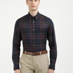 Tommy Hilfiger Navy Cotton Slim Fit Checks Shirt-image-90