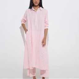 Zuba by Westside Light Pink Seersucker Cotton A-Line Kurta-image-49