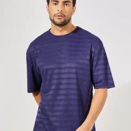 Styli Navy Relaxed Fit Self Design Oversized Crew T-Shirt-image-4