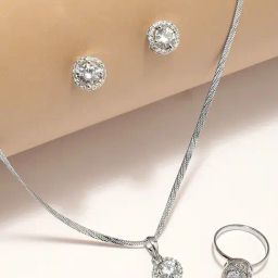 OOMPH Silver Tone Solitaire Cubic Zirconia Ear Stud Earrings, Ring & Pendant Set-30