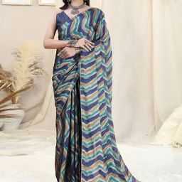 Mirchi Fashion Beige Chiffon Chevrons Saree With Unstitched Blouse-picture-14
