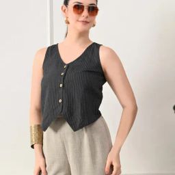DECKEDUP Black Cotton Printed Waistcoat Top-picture-40