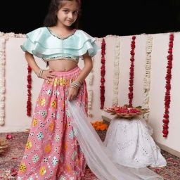 VASTRAMAY Girls Aqua & Pink Embroidery Lehenga Cholis-image-64