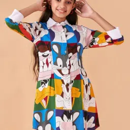 Cherry & Jerry Girls Multi Cartoon Characters Shirt Midi Dress-image-43