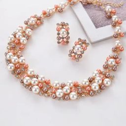 Peora Pearl Rose Gold Toned Cubic Zirconia Studded Choker Necklace Earrings Set-image-1