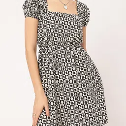 DressBerry Trendsetter Fit & Flare Monochrome Mini Dress-image-9