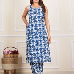 Indi INSIDE Floral Printed Regular Pure Cotton Straight Kurta with Trousers-23