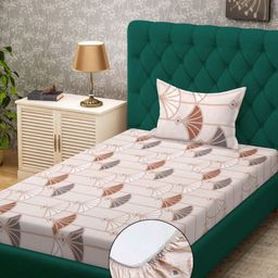 KLOTTHE Cream & Brown Abstract Printed 300 TC Fitted Single Bedsheet Set 2.25 m x 1.50 m-14