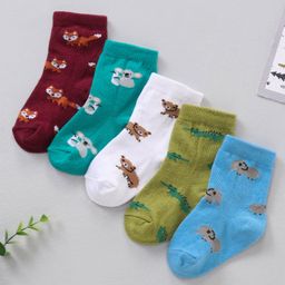 Cute Walk by Babyhug Anti Bacterial Ankle Length Non Terry Socks Animal Print Pack of 5 Pair - Multicolour-15