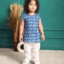 Polka Tots 100% Super Soft Cotton Sleeveless Cycle Print Jhabla And Pant Set - Navy Blue-image-45