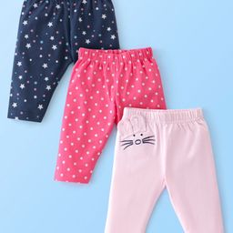 Babyhug Cotton Lycra Three Fourth Leggings Dot & Star Print Pack of 3 - Blue Pink & Peach-picture-27