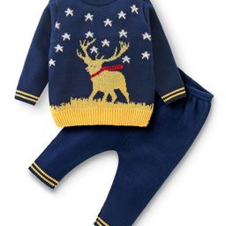 Babyhug Acrylic Full Sleeves Reindeer Printed Sweater with Pants Set - Navy Blue-image-20