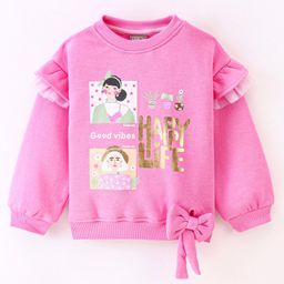 Little Kangaroos Cotton Blend Full Sleeves Sweatshirt Doll Foil Print & Frill Detailing with Bow - Medium Pink-image-100