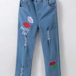 Kookie Kids Denim Full Length Washed Jeans With Text Embroidered - Blue-image-56