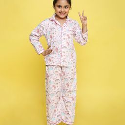 Knitting Doodles Pure Cotton Poplin Full Sleeves All Over Unicorn Theme Printed & Striped Coordinating Night Suit - White & Pink-image-13