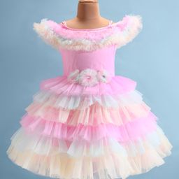 Bluebell Net Knitted SleevelessLayered Party Frock With Floral Corsage & Applique Detailing - Pink-image-101