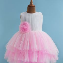 Bluebell Net Woven Sleeveless Party Frock With Mesh Overlay & Floral Corsage Detailing - Pink-picture-6