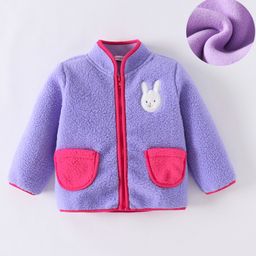 Kookie Kids Full Sleeves High Neck Collared Winter Fur Jacket with Bunny Applique - Violet-image-94