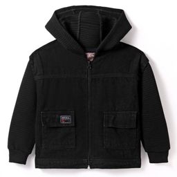 Little Kangaroos Knit Solid Color Hooded Denim Jacket with Patch Detailing - Black-image-26