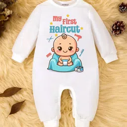 KNITROOT Mundan Theme Cotton Full Sleeves My First Haircut Text Printed Romper - White-picture-2