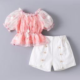Kookie Kids Half Puffed Sleeves Top & Shorts Set with Floral Print & Embroidery - Peach & White-image-26