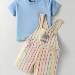 ToffyHouse Cotton Knit Half Sleeves T-Shirt & Dungaree with Stripes & Animal Embroidery - Blue & Cream-picture-44