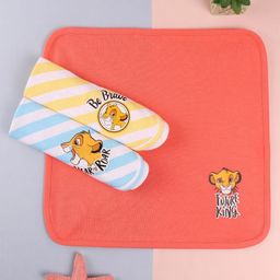 Babyhug Disney Interlock Knit Hand and Face Towels Lion King Prints L 29 x B 29 cm Pack of 3 - Coral & Yellow-image-0