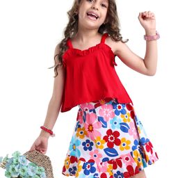 Ollington St. Sinker Knit Singlet Sleeves Top & Floral Printed Skirt - Red Pink Blue-image-93