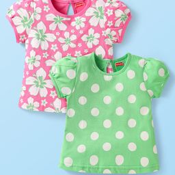 Babyhug Cotton Knit Puffed Sleeves T-Shirt with Floral Print Pack Of 2 -Pink & Light Green-image-68