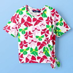 Pine Kids Cotton Knit Half Sleeves Drop Shoulder T-Shirt with Bow Print - White-image-21