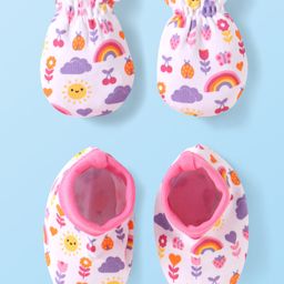 Babyhug 100% Cotton Knit Mittens & Booties Set with Floral & Bee Print - Pink-image-81