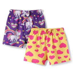 Babyhug Single Jersey Knit Mid Thigh Length Shorts with Unicorn & Hearts Print Pack of 2 - Yellow & Purple-image-97