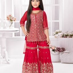 Tiny Kingdom Silk Three Fourth Sleeves Threadwork Embroidered Sequins Embellished Kurta Gharara With Dupatta Set - Pink-image-80