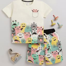 Little Ninja Cotton Half Sleeves Monsters Printed Coordinating Tee & Shorts Sets - Cream-picture-12