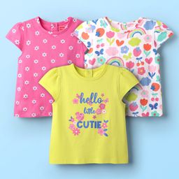 Babyhug Cotton Knit Cap Sleeves T-Shirts with Floral & Text Print Pack of 3 - Pink Light Green & White-image-105