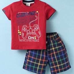 Mini Donuts Cotton Knit Half Sleeves T-Shirt & Shorts Set With Checks & Game Theme Print - Red & Black-image-86