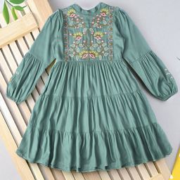 Bella Moda Cotton Three Fourth Sleeves Floral Embroidered Dress - Green-picture-41