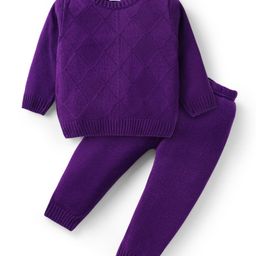 Babyhug Knitted Full Sleeves Sweater Set With Argyle Design - Purple-picture-13
