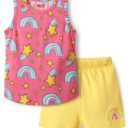 Babyhug 100% Cotton Single Jersey Knit Sleeveless Sando & Shorts Set with Rainbow & Star Print - Pink & Yellow-image-94