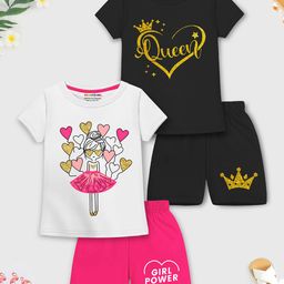 Trampoline Cotton Blend Pack Of 2 Half Sleeves Girl Power & Queen Text Printed Tee & Shorts Set - White & Black-13